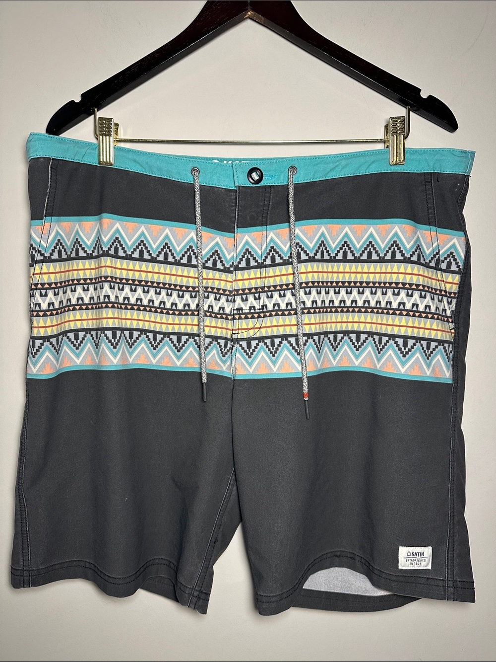 Katin Men's Gray Aztec-Stripe Swim Trunks with Aqua Waistband
